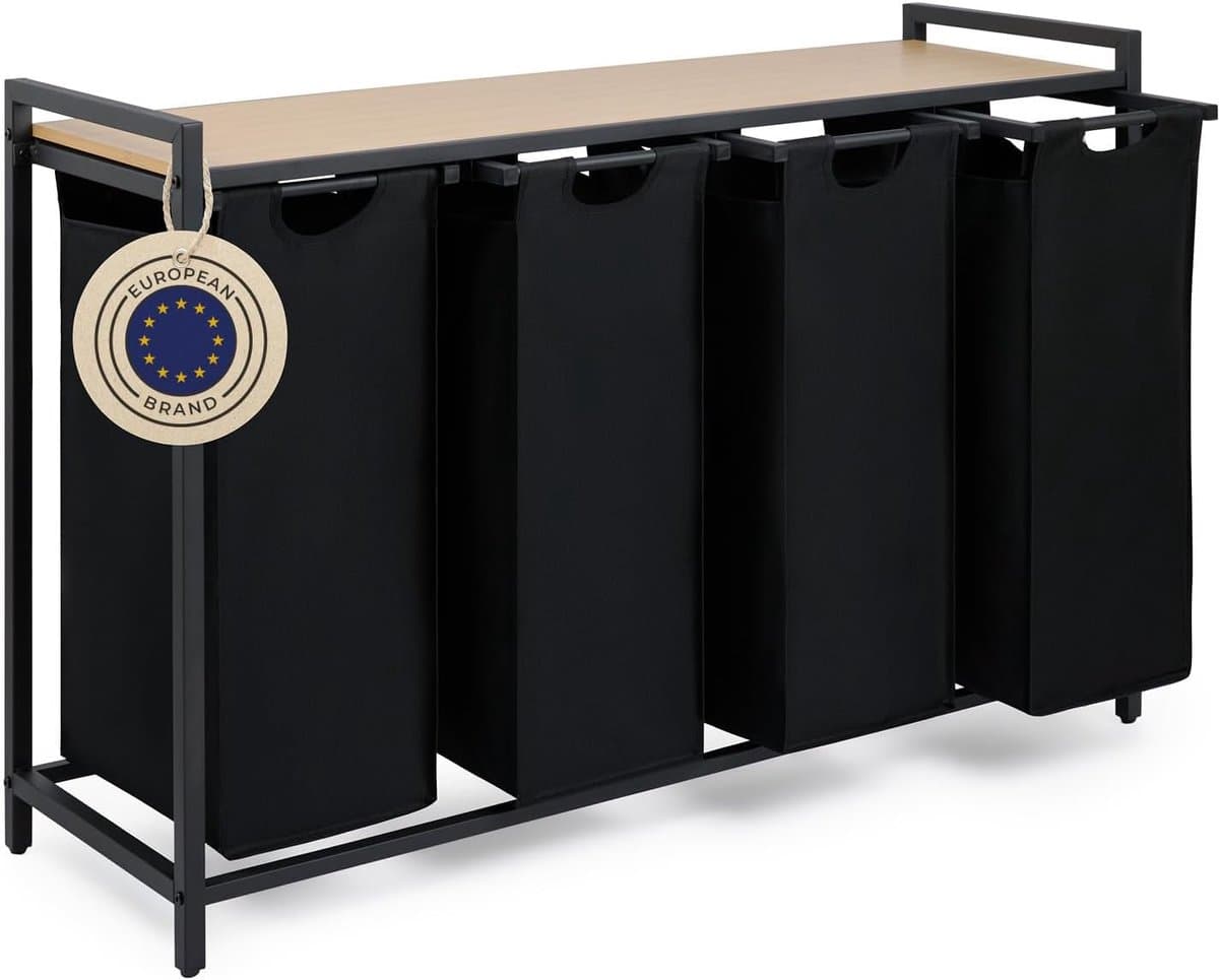 Wasverzamelaar 4 vakken zwart - Wasmand met plank in bamboelook - Wasverzamelaar met metalen frame in zwart - Wasmand met poten - Wasverzamelaar 4 vakken - Wasverzamelaar — afbeelding 1