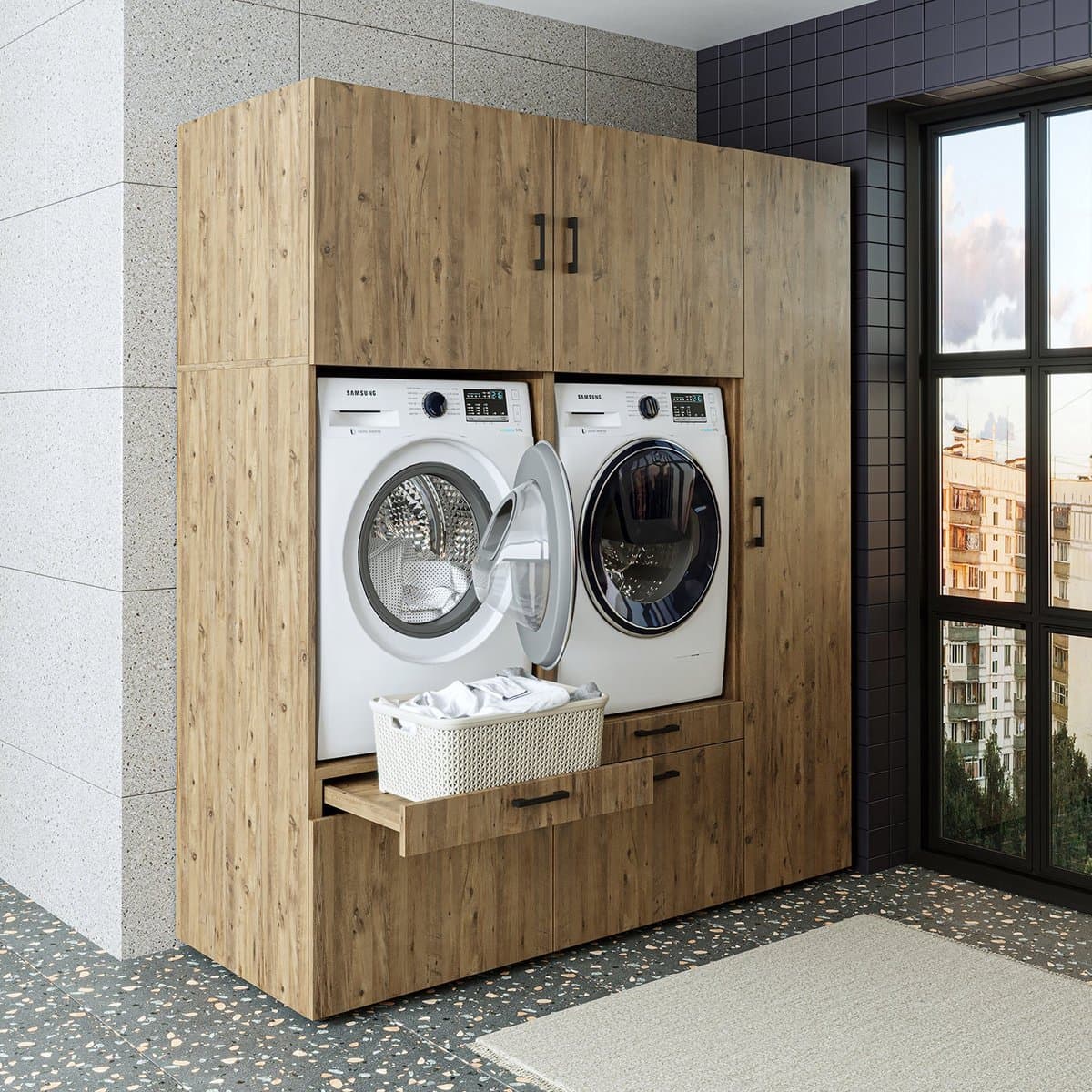 Roomart SERIE 2 Wasmachine Ombouwkast 179x205 cm - met Hoge Kast 45 - Eiken — afbeelding 1