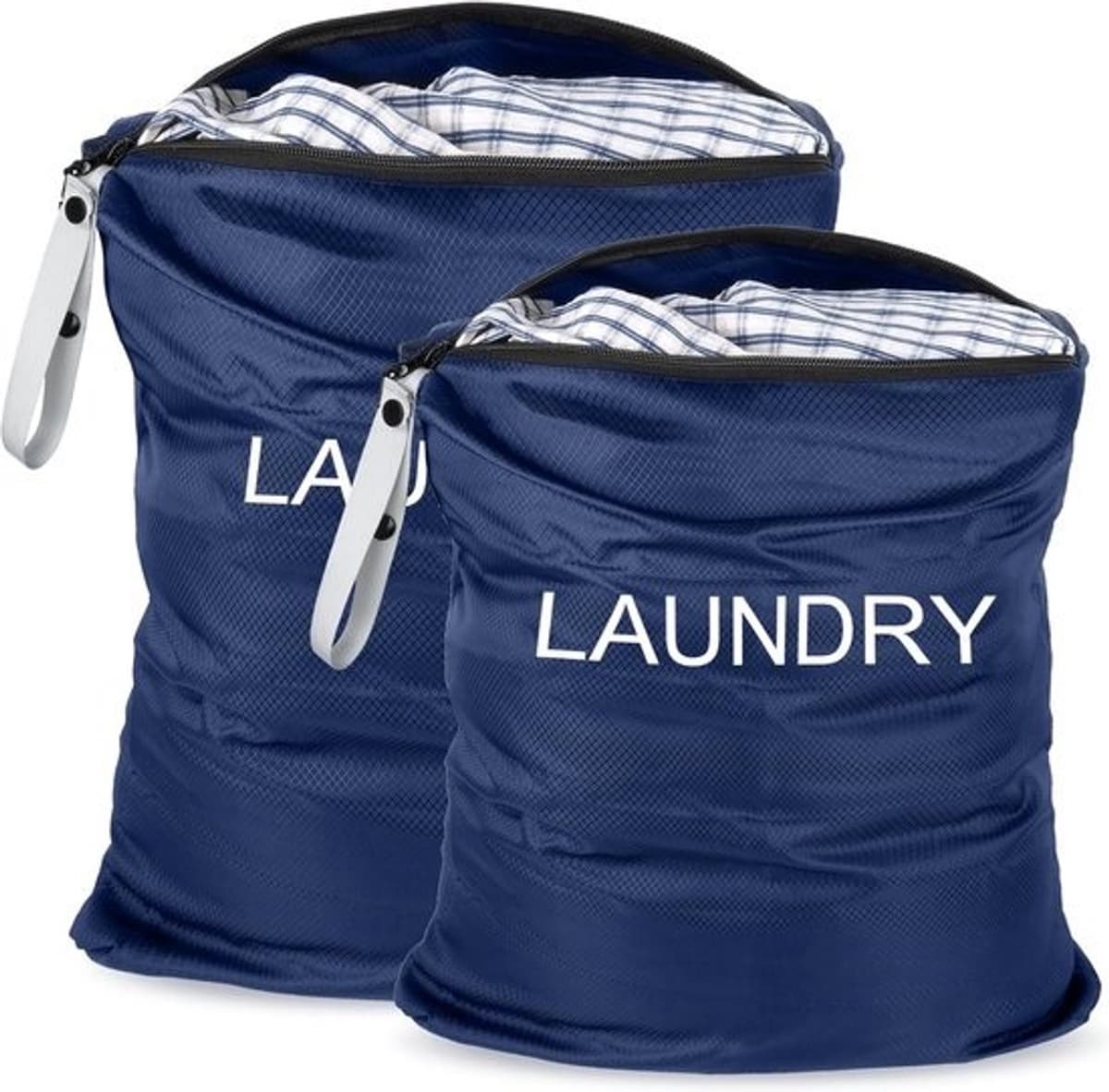 Waszakken voor vuile was - 2 stuks - Waterdicht met ritssluiting - Opvouwbare wasmand en opbergtas - 2 maten, marineblauw — afbeelding 1