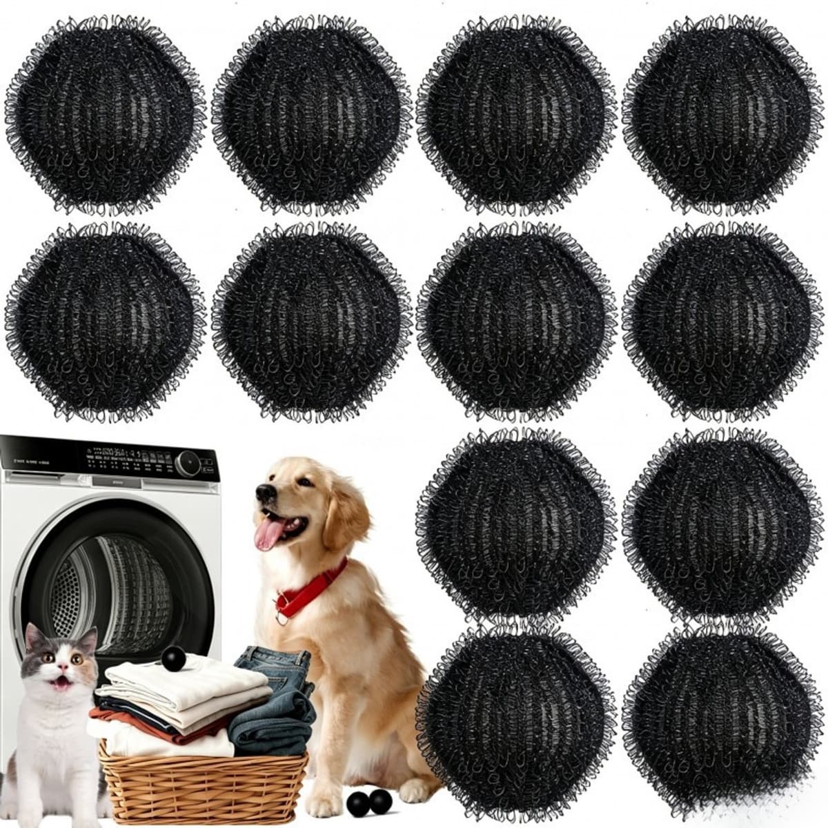 Set van 12 wasballen voor het verwijderen van dierenharen - Wasballen voor de was - Herbruikbare wasballen voor huisdiervriendelijke gezinnen - 32 mm reinigingsballen van puur nylon — afbeelding 1