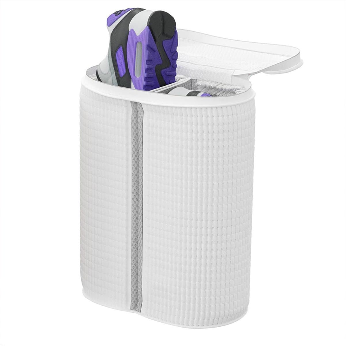 Wasmachine schoenwaszak - dubbele vakken, pluizige 360° bescherming en reiniging, gaas inlegzoolhouder, krasbestendige ritssluiting, wasmachine en droger, wit, beschermende dubbele schoenwaszak — afbeelding 1