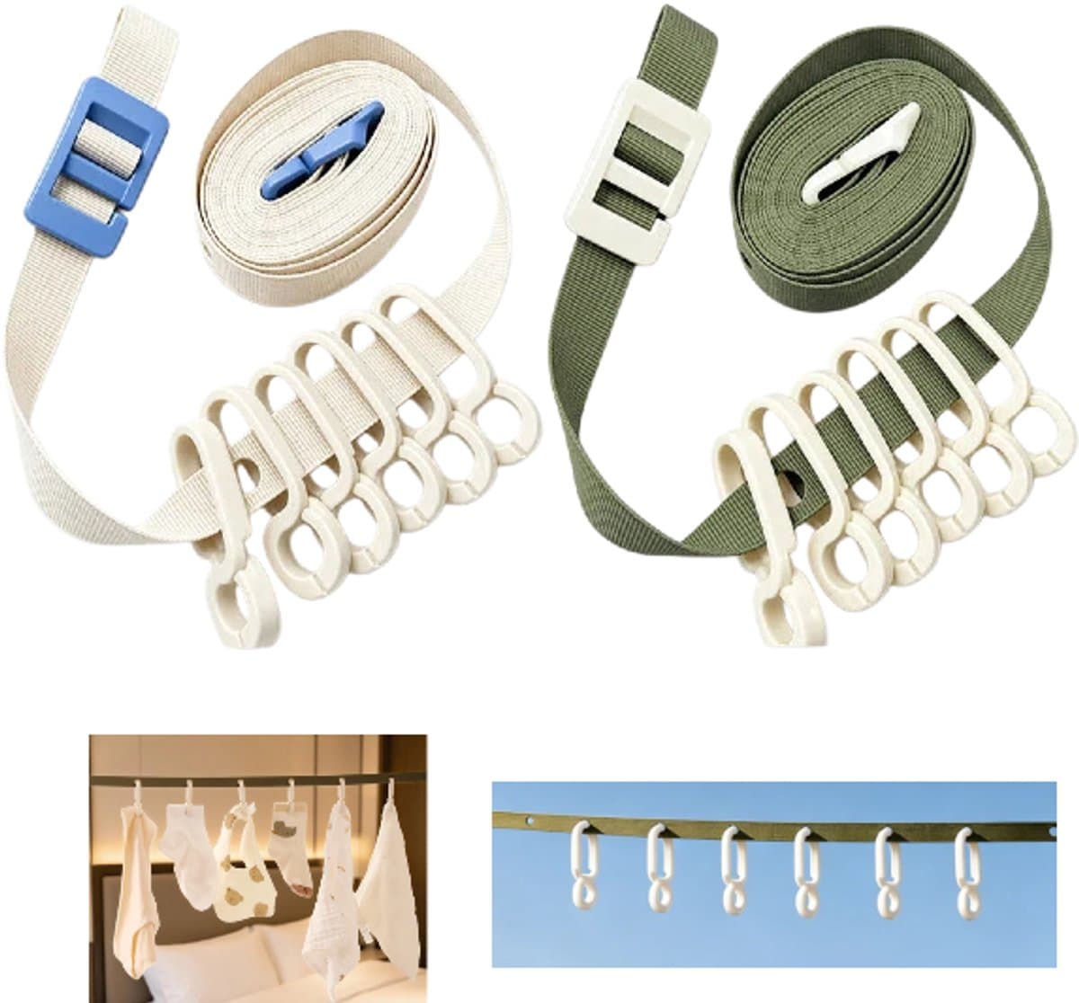 2-delige set - Draagbare waslijnclips - Waslijn - Touw zonder boren - Trekkoord voor waslijn - Reiswaslijn - Beige, groen - 3,5 m - Met 12 clips - Verstelbaar - Geschikt voor kamperen, in de tuin, op cruiseschepen en thuisgebruik — afbeelding 1