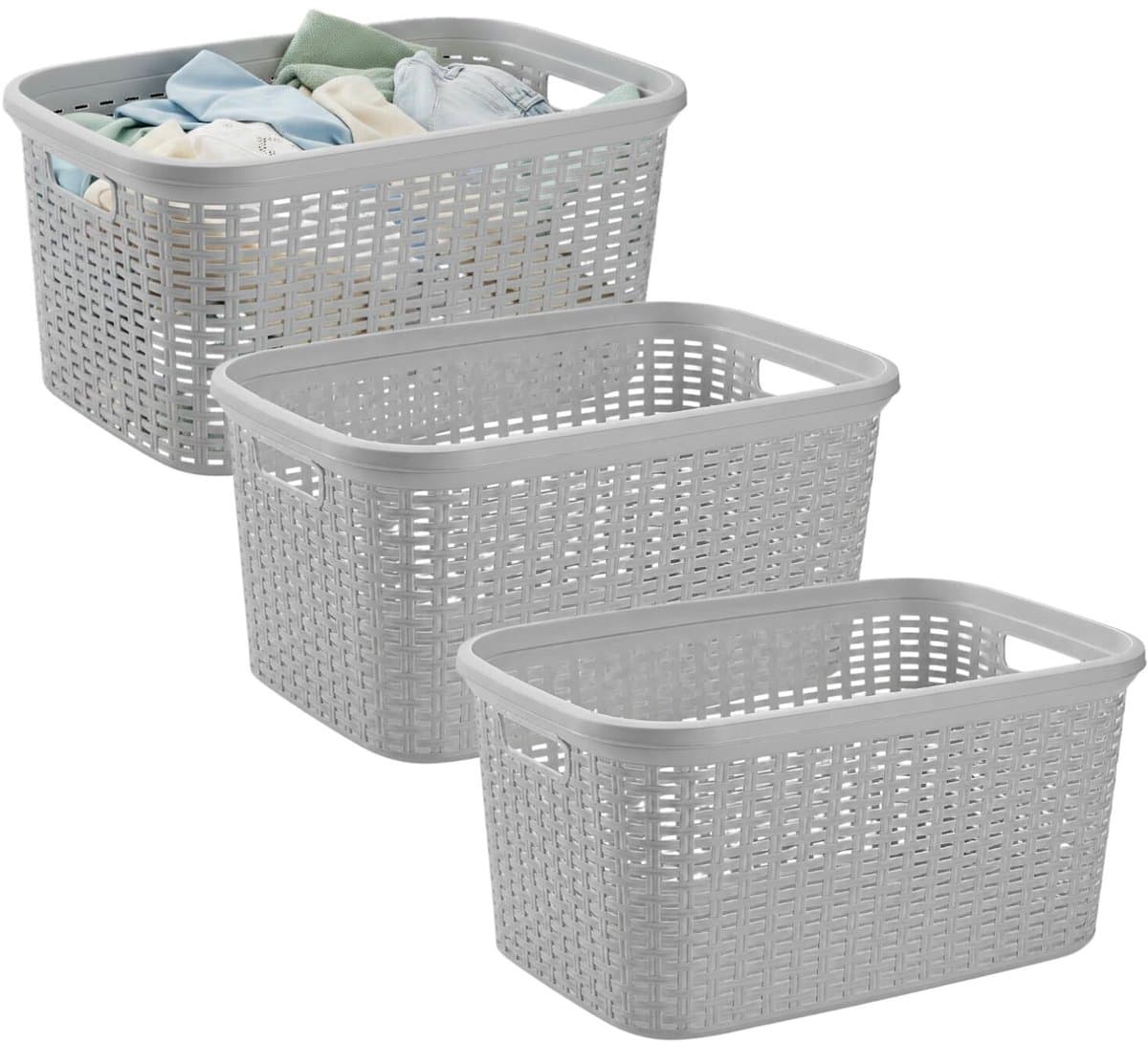 Plasticforte Wasmand - 3x - 35 liter - rotan - licht grijs - kunststof - 53 x 36 x 26 cm - draagmand - met handvatten - lichtgewicht — afbeelding 1