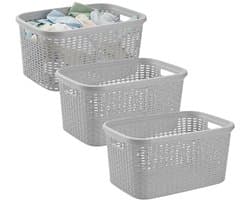 Plasticforte Wasmand - 3x - 35 liter - rotan - licht grijs - kunststof - 53 x 36 x 26 cm - draagmand - met handvatten - lichtgewicht