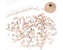 100 Houten Hartvormige Fotoklemmetjes met 30m Touw voor Kaarten, Decoratie en Knutselen