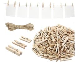 Dailygoods- Wasknijpers Mini Houten Set - 165 Stuks - Decoratieve Klemmen - 10 m Jute Touw - Natuurlijk Hout - Stevige Veer