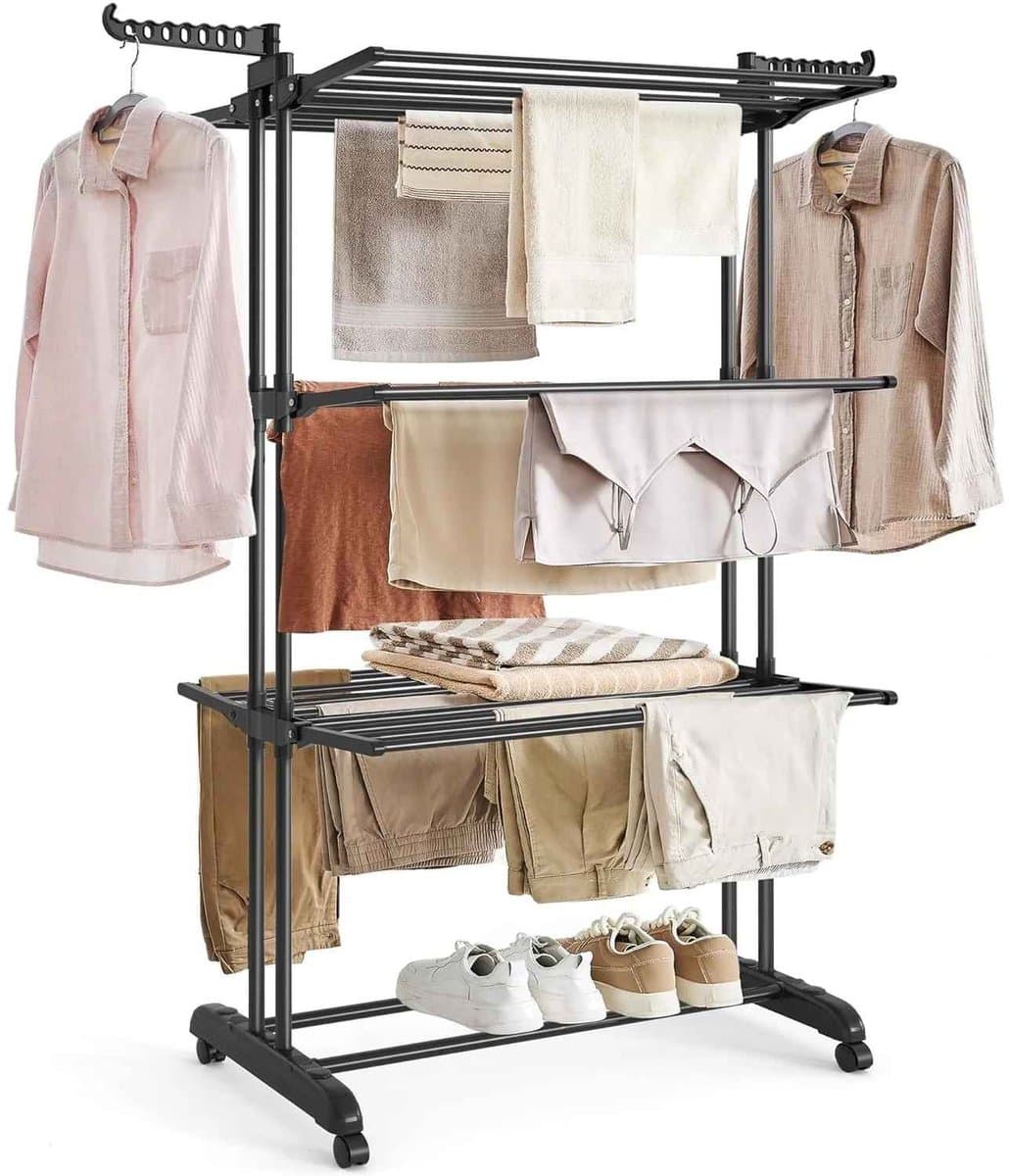 Casa Living Kledingdroger - 4-Laags Kledingrek Met Wielen - Opvouwbaar Design - Grote Capaciteit tot 35KG - 64x75x170CM - Zwart — afbeelding 1