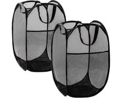 2-stuks Opvouwbare wasmand van gaas - Opvouwbare wasmand - Pop-up wasmand - Kledingmand - Wasmand - Met stevig handvat en zijvakken - 30*30*46 cm - Geschikt voor thuis, studentenkamers, slaapkamers, op reis, enz. - Zwart