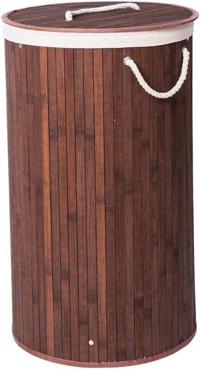 Grote Ronde Bamboe Wasmand 1 vak met Deksel & stoffen Waszak - Bamboe wasbox wassorteerder Rond - Inhoud wasmand 80 liter - Wasmand voor wasgoed - Wasmanden Opvouwbaar - Wasmand met deksel - Kleur Wasmand: Bruin - Decopatent — afbeelding 1