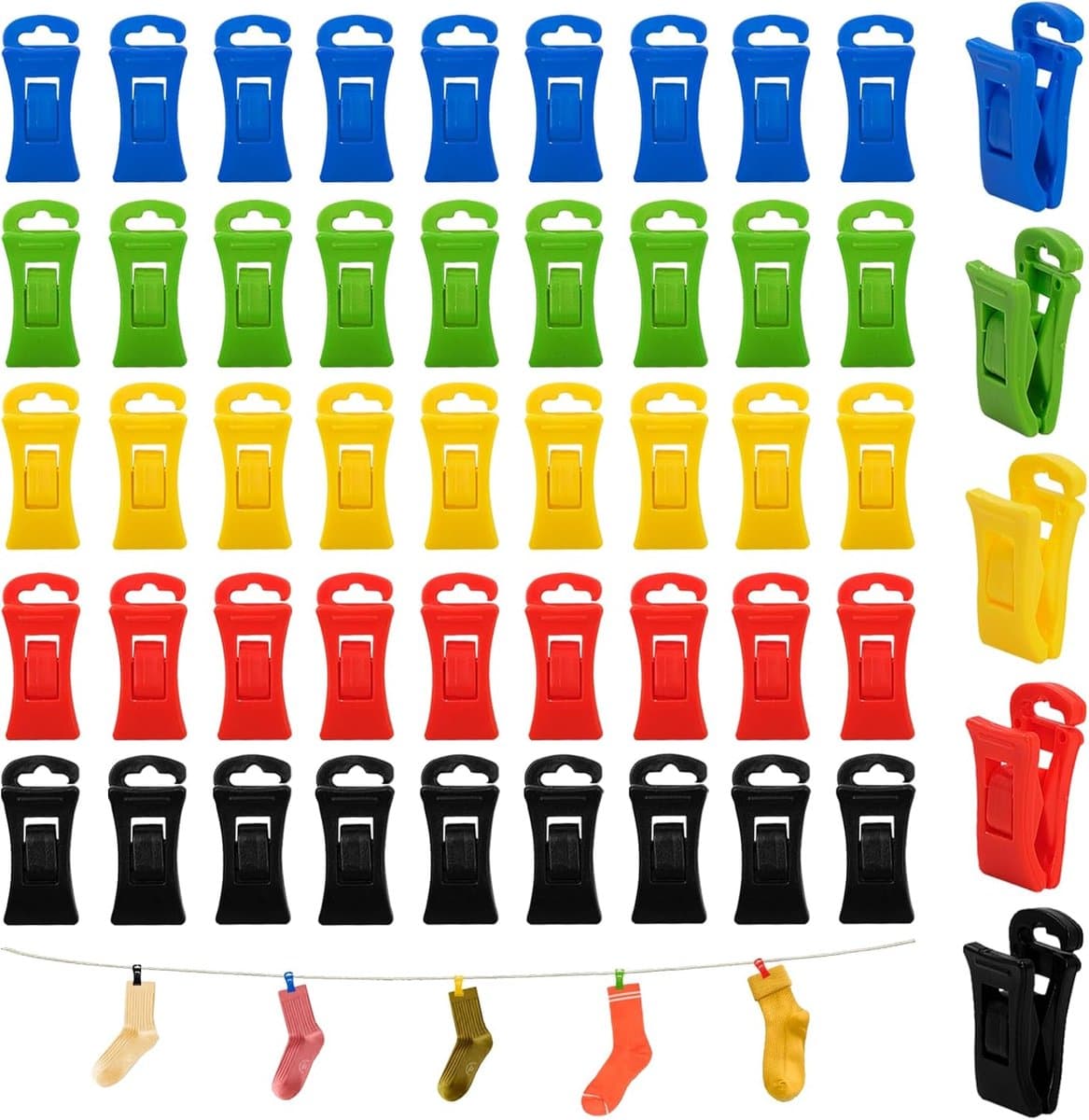 Antislip-wasknijpers – Draagbare wasknijpers – Speciale sokkenknijpers voor wasmachines en drogers – Kleurensorteer-wasknijpers – Sokkenknijpers en opbergrek voor sokkenparen, handdoeken en kleine voorwerpen – Set van 50 stuks — afbeelding 1