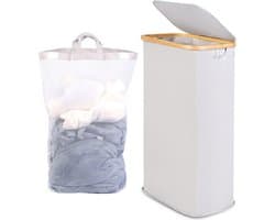 Wasmand met deksel 63L - Compacte lichtgrijze wasmand voor kleding en wasgoed