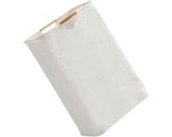 Wasmand - Opbergmand - Katoen-linnen - Opvouwbare Wasmand - Ruimtebesparend - Draagbaar - Voorzien van een houten handvat - Geschikt voor slaapkamers, hotels, badkamers, kleedkamers en wasruimtes - 27*40*56cm - Beige