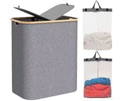 Wasmand - Wasmand 2 vakken - Wasmand met deksel - Groot volume 160 liter - Wassorteerder - Opvouwbaar - Verdeelde opbergmand - Geschikt voor slaapkamer, wasruimte, kast, badkamer en studentenkamer - Grijs — afbeelding 1