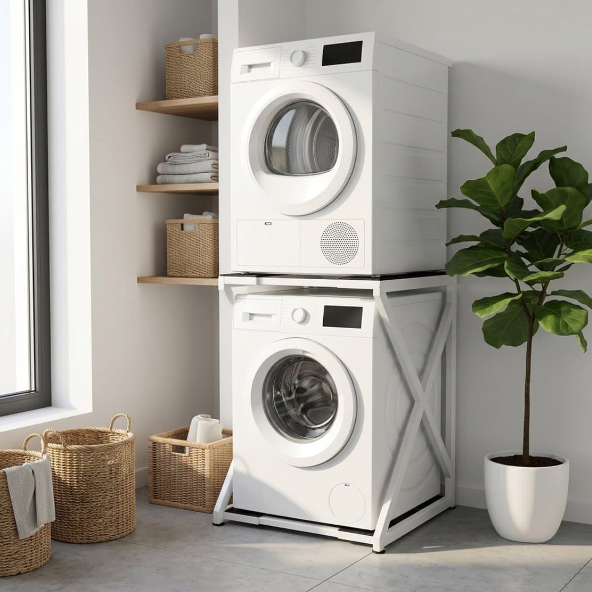 Livista Wasmachine Verhoger - Wasmachine Stapelrek - Universeel Wasmachine en Droger Verhoger - Wasmachine Ombouw - Wasmachinerek - Wasmachine Sokkel - Metaal Wit - Anti Vibratie - Robuust - Stevig - Stabiel — afbeelding 1