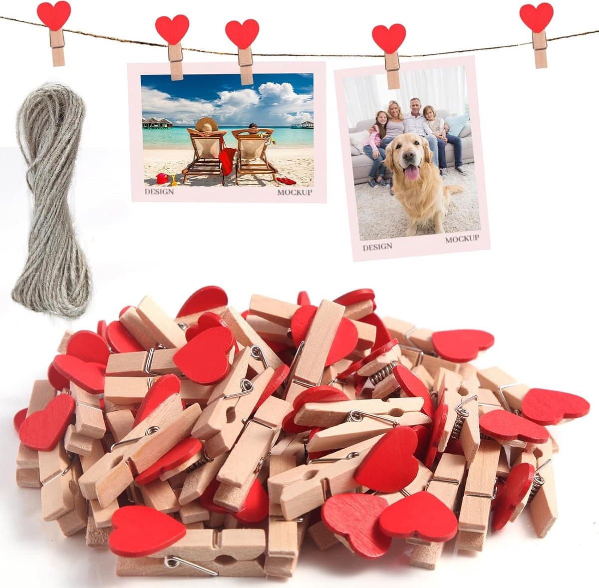 120 Pieces Wooden Clothes Pegs 3.5 x 0.8 cm with 50 m Cord, Wooden Clips, Small Clips for Hanging Photos, Postcards and All Kinds of Party Decorations — afbeelding 1