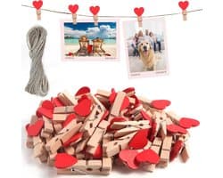120 Pieces Wooden Clothes Pegs 3.5 x 0.8 cm with 50 m Cord, Wooden Clips, Small Clips for Hanging Photos, Postcards and All Kinds of Party Decorations