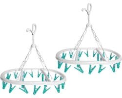 CM Wasgoed droogcarrousel/droogmolen - 2x - 20 clips/knijpers - wit/groen - kunststof - 29 x 42 cm