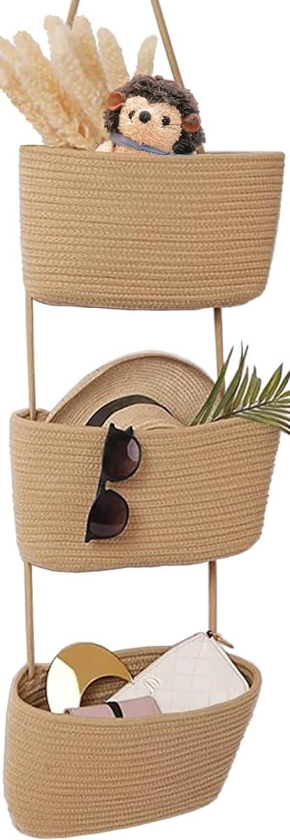 Wasmand - Wassorteerder - Wandslinger Mand - Kaki Kleur Geweven Opslagzak - Decoratieve Drie-Laagse Hangende Mand – Perfect voor Babykamer - Grote 3-Luik — afbeelding 1