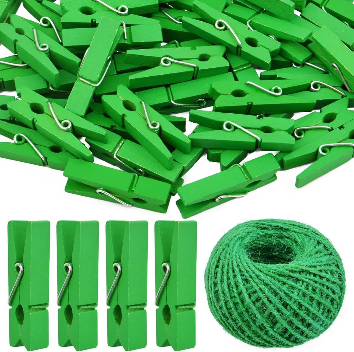 50x Mini Houten Kleerhangers met 50 Meter Jute Touw - Decoratieve Fotohangers voor Galerijwand — afbeelding 1