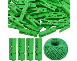50x Mini Houten Kleerhangers met 50 Meter Jute Touw - Decoratieve Fotohangers voor Galerijwand