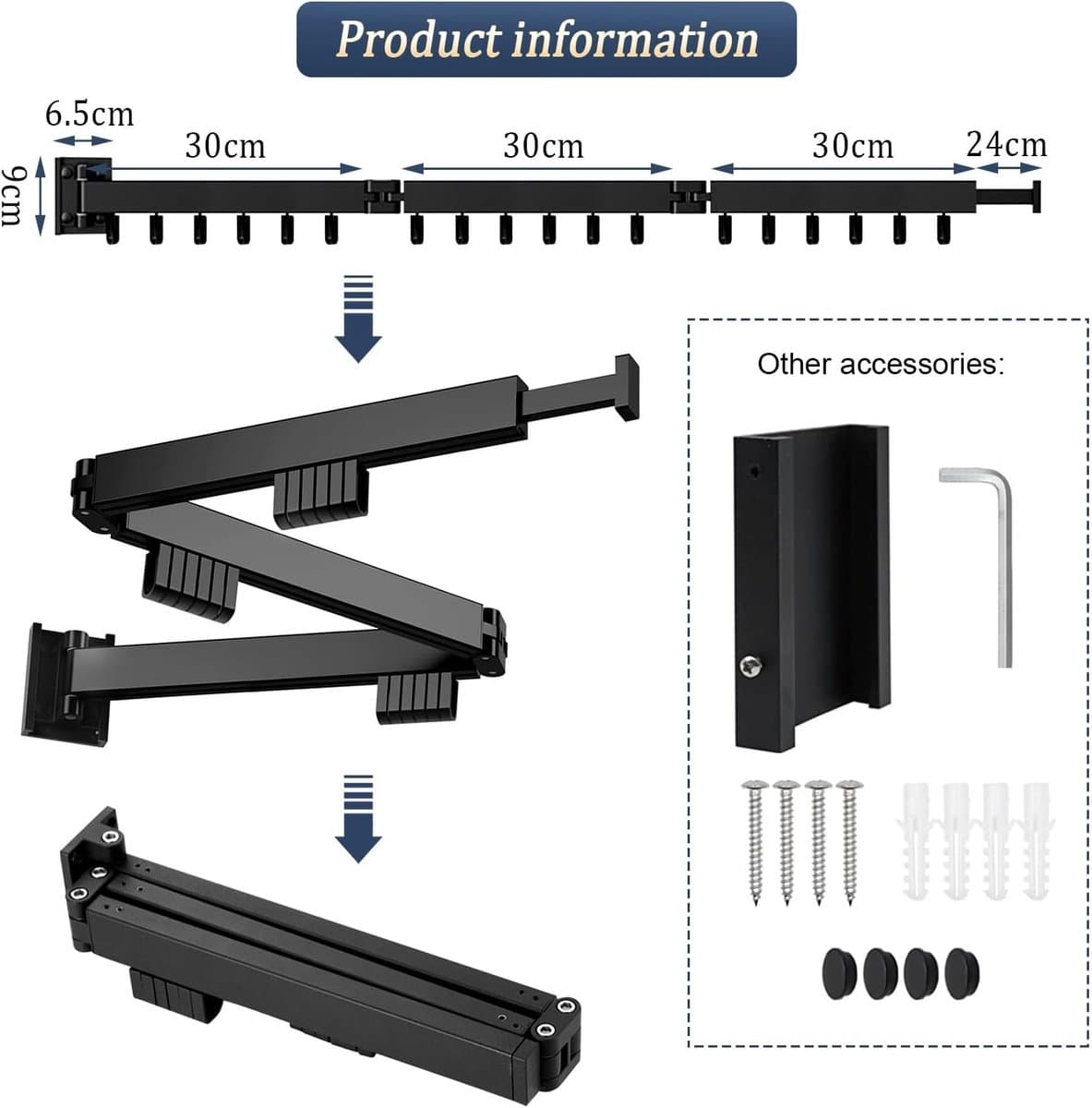 Wandwasrek 120 cm – Uittrekbaar & Inklapbaar – 3 Niveaus – 18 Haken – Met Handdoekhouder – Voor Balkon, Badkamer & Bijkeuken — afbeelding 1
