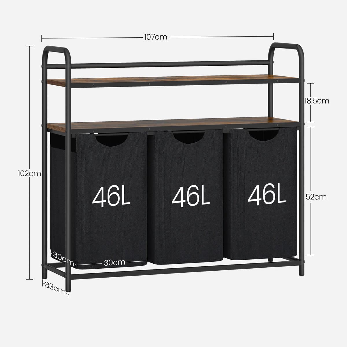 NaevaMi - Wasmand 3 Vakken - Wasmanden - Wassorteerder - Wasmand Zwart - Wassorteerder 3 Vakken - Badkamerkast Met Wasmand - 3x 46L - 2 Planken - Met Wielen — afbeelding 1