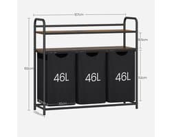 NaevaMi - Wasmand 3 Vakken - Wasmanden - Wassorteerder - Wasmand Zwart - Wassorteerder 3 Vakken - Badkamerkast Met Wasmand - 3x 46L - 2 Planken - Met Wielen