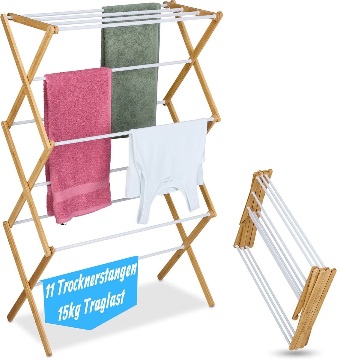 Wasrek inklapbaar - 115x73x33 cm - inklapbaar - staand - bamboe - wit — afbeelding 1