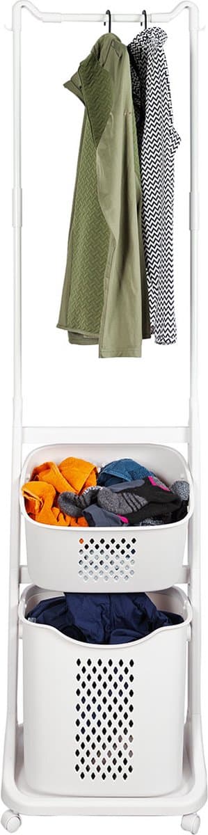 Eleganca Wasmand met ophangrek - H174 x B44 x D33 cm - Wasbox organizer – Wassorteerder met 2 vakken – Kunststof/Metaal – Wit — afbeelding 1