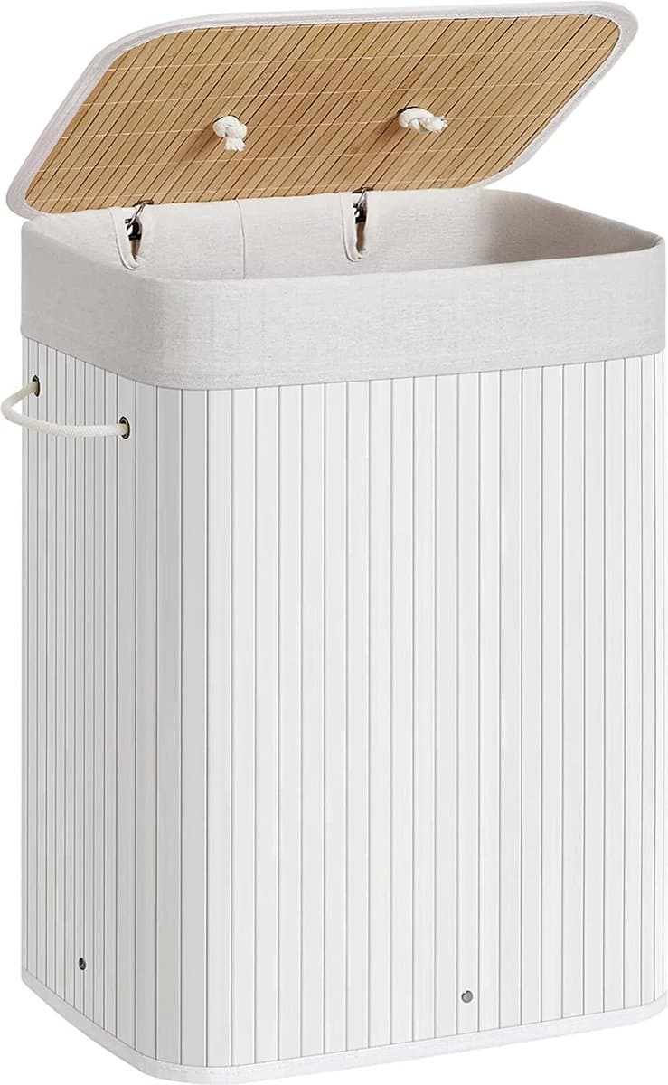Bamboe Wasmand - 72 liter - 60 cm hoog - Met Uitneembare Katoenen Waszak - wit — afbeelding 1