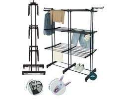 BAUER & MEYER® - Droogrek XL - Wasrek inklapbaar - Incl. 20 wasknijpers + 1x wasmand - 40 Meter drooglengte - Droogtoren Wastoren - 170 x 134 x 65 cm - Zwart