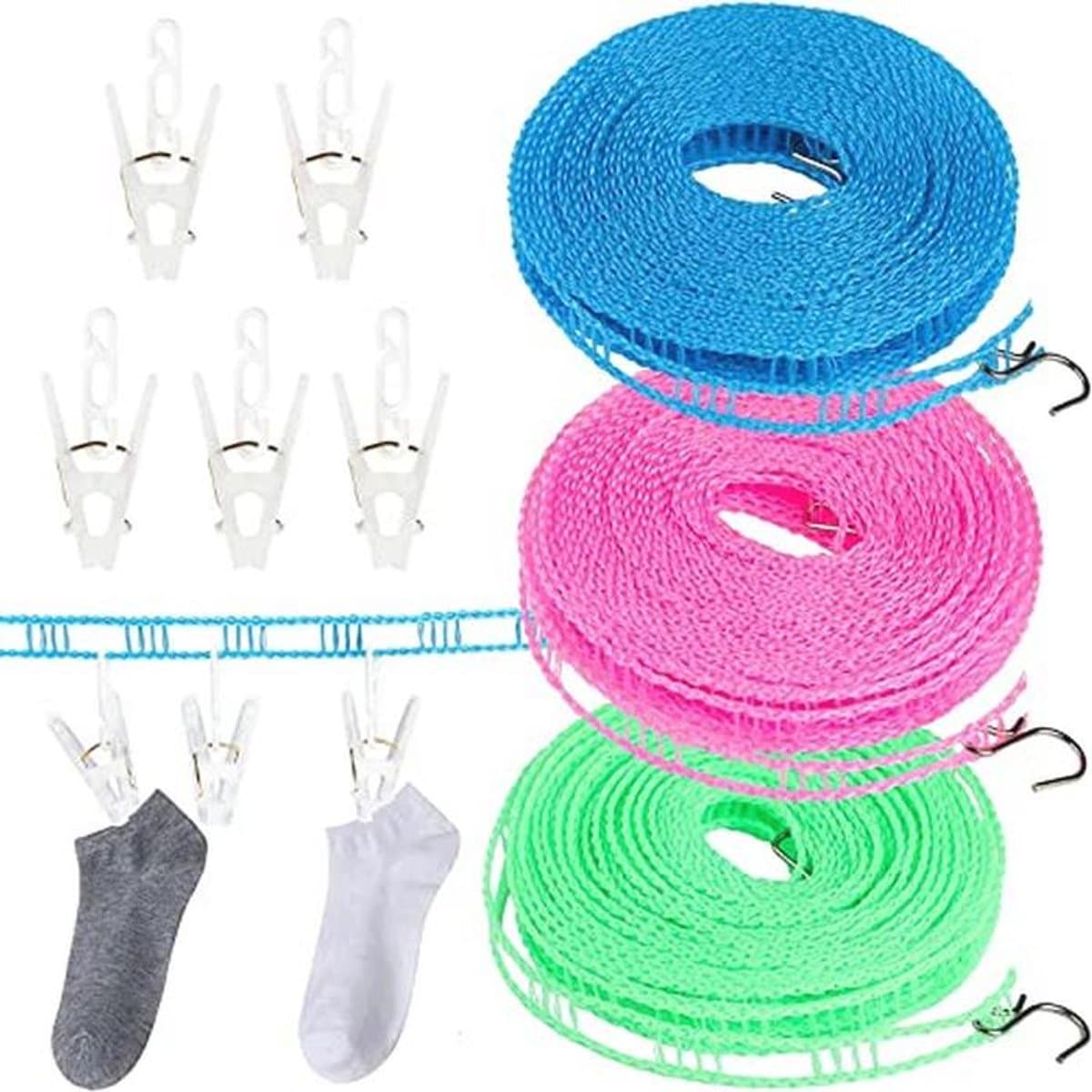 Draagbare Winddichte Nylon Waslijn - 3 Stuks 8m met Antislip Pins voor Binnen en Buiten — afbeelding 1