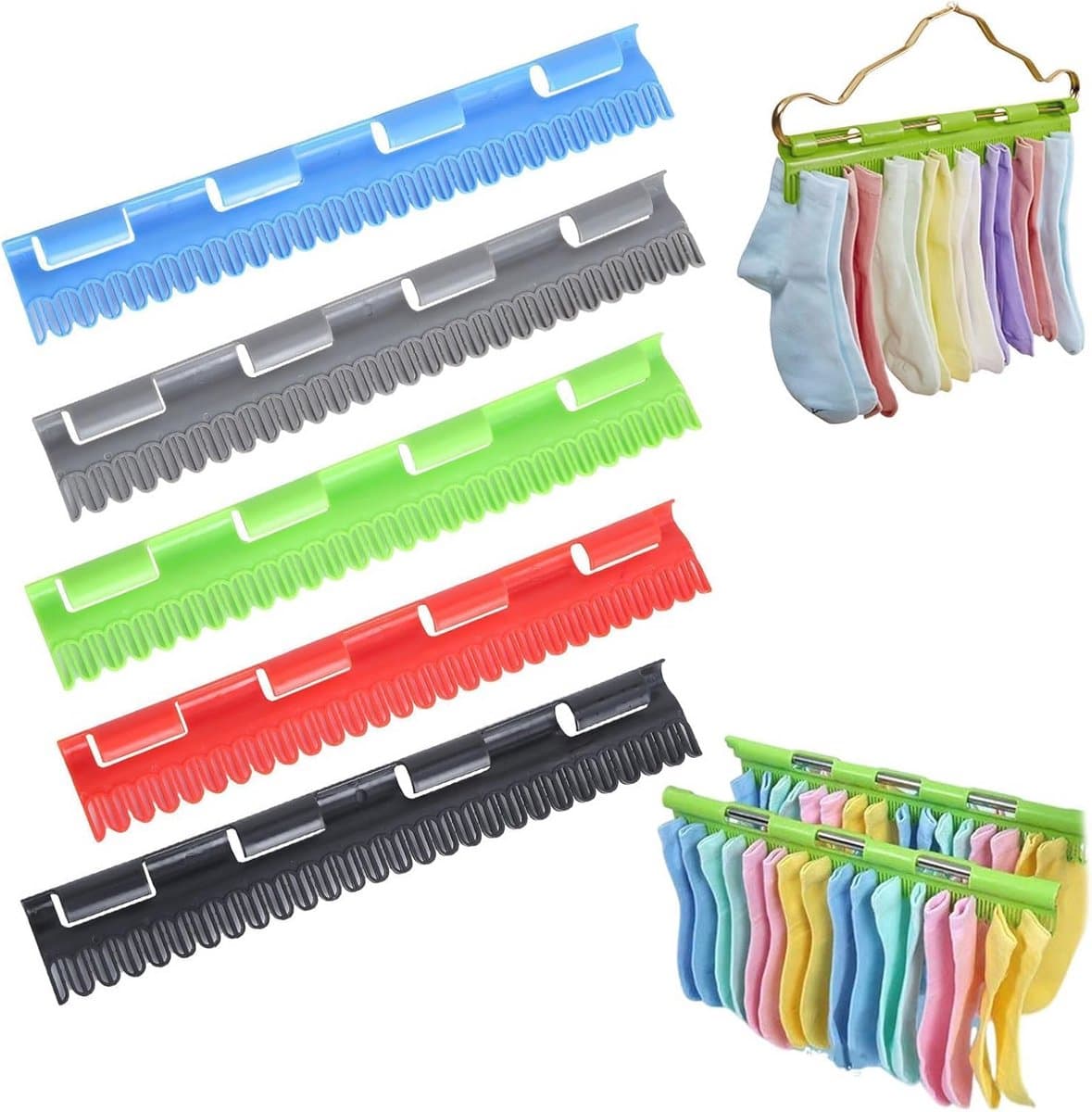 5 Stuks Sokkendroger - Sokkenhangers - Draagbare Washaken - 32 X 5cm - Ruimtebesparend - Antislip - Droogrekaccessoire - Kledinghanger - Plastic Kledinghanger - Geschikt Voor Ondergoed, Sokken, Sjaals, Dassen - Grijs, Rood, Blauw, Groen, Zwart — afbeelding 1