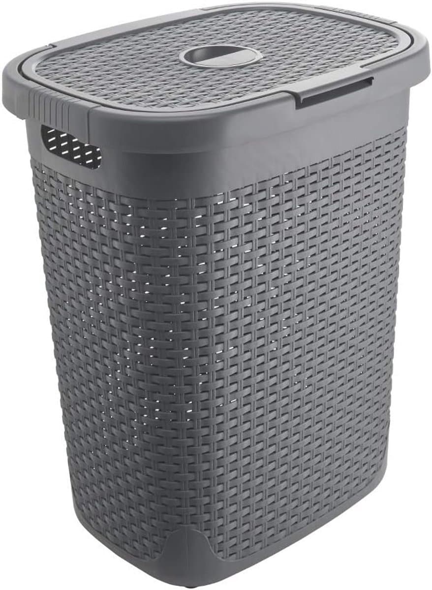 Faux Rotan 50 Liter Wasmand met Deksel - Houtskoolgrijs — afbeelding 1