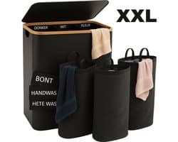 Wasmand met Deksel 3 Vakken 145L - Wasmanden Wassorteerder - Opvouwbare Wasmand - Uitneembare Waszakken - Inklapbaar - Wasbox voor Gezin - Zwart — afbeelding 1