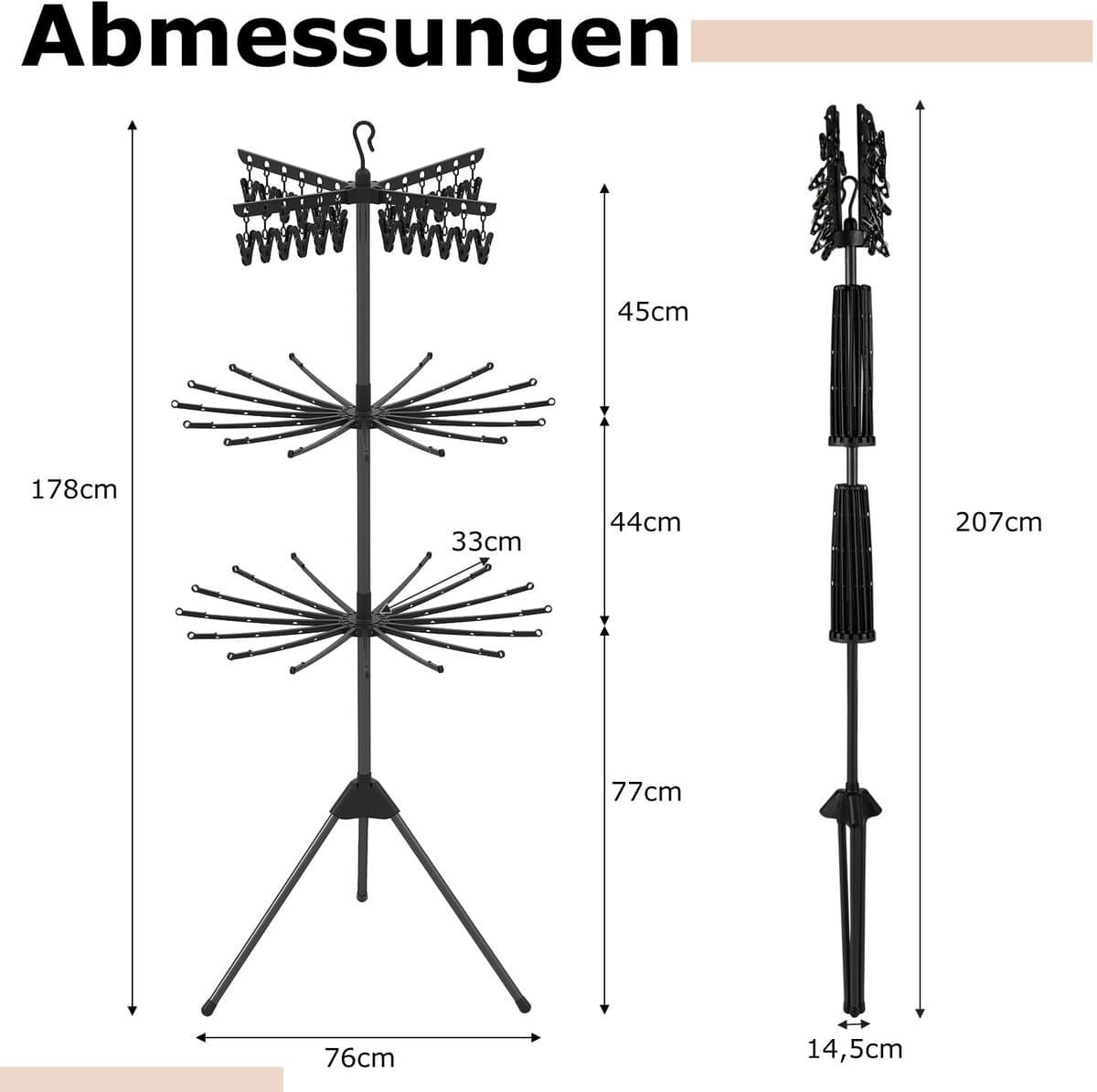 COSTWAY 3-traps droogrek, inklapbaar, 178 cm, vrijstaand droogrek met 24 clips en 32 stangen, ruimtebesparende handdoekdroger met 360 graden draaibare armen, zwart — afbeelding 1