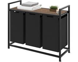 tectake® Wassorteerder - Wasmand met 3 vakken en deksel - Industriële stijl - Uittrekbare vakken - In hoogte verstelbare kunststof voetjes - Wasbox - Waskorf - 34x93,5x72cm