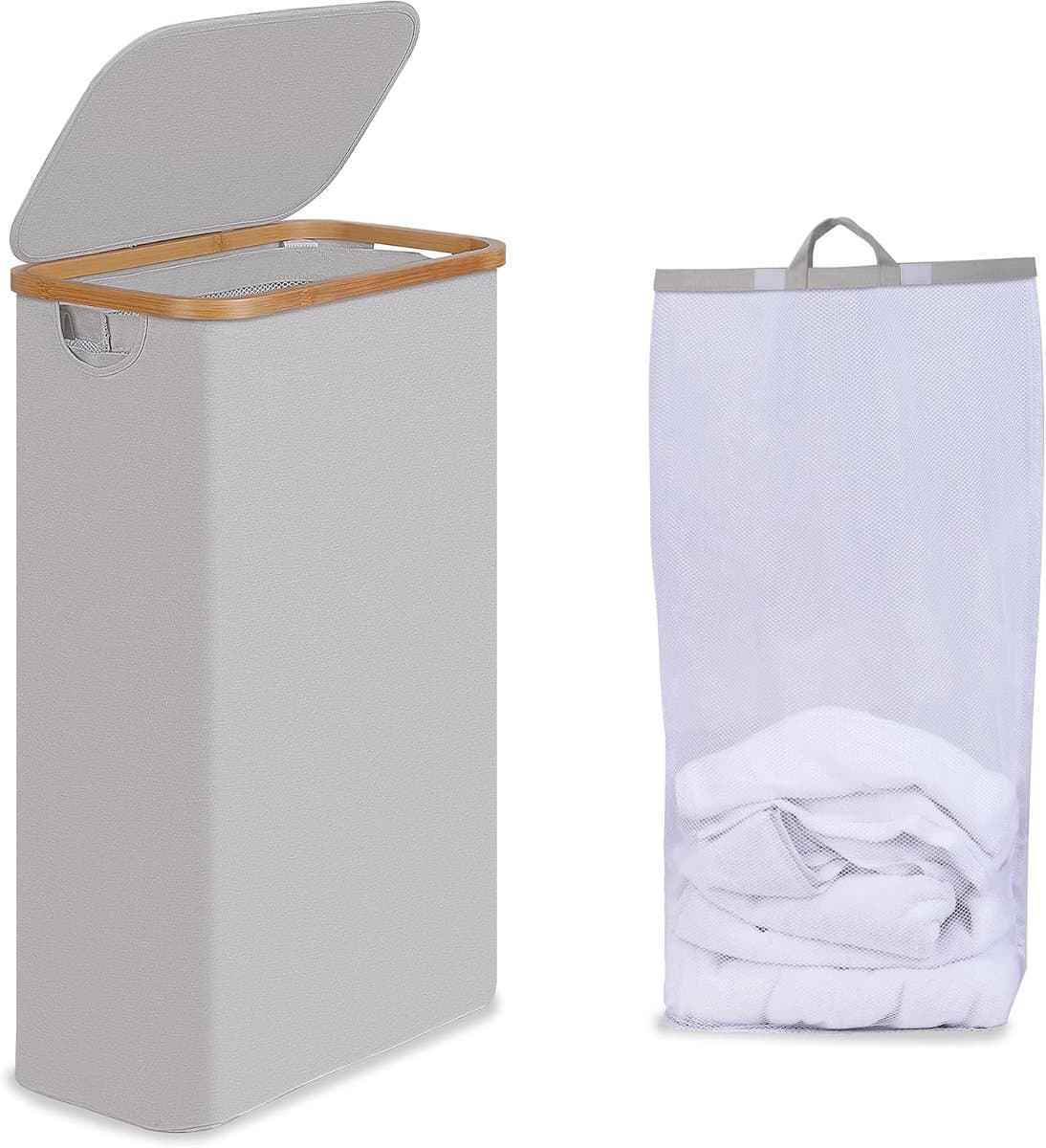 Efluky Wasmand met deksel, 75 l, smalle wasmand met wasbare binnenzak, lichtgrijs wasmand met bamboe handgrepen, opvouwbare wasmand voor waskeuken, slaapkamer, badkamer — afbeelding 1