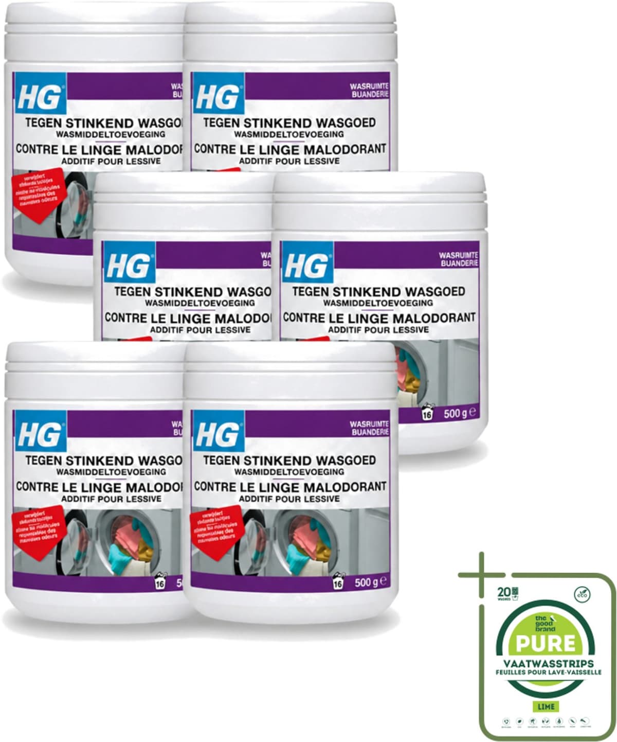 6 x HG - Wasruimte - Tegen Stinkend Wasgoed - Wasmiddeltoevoeging - 500 g - Grootverpakking - Vaatwasstrips - Wasmiddel Tegen Stank - Stinkend Wasgoed - Wasmiddel Toevoeging - Stankmoleculen Verwijderen - Fris Wasgoed — afbeelding 1