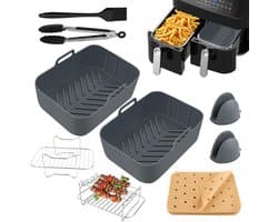 10xSet heteluchtfriteuse accessoires, airfryer accessoires, 150 praktische papieren inlegstukken, accessoires voor elektrische keukenapparatuur, 2 stuks siliconenvormen voor heteluchtfriteuse, grijs