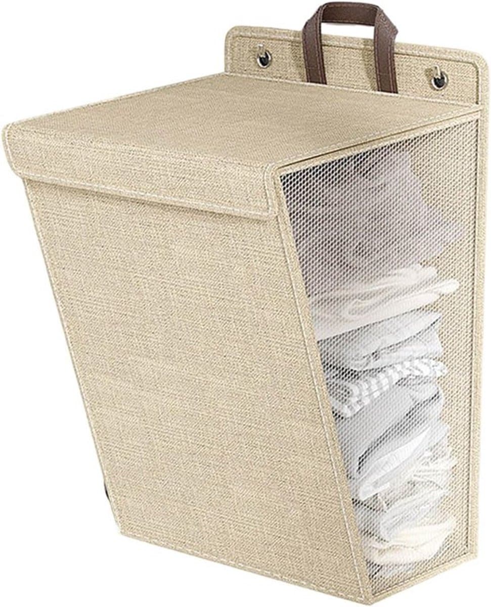 Opvouwbare wasmand met deksel en handvat - groot 40 liter - beige - waterdicht — afbeelding 1