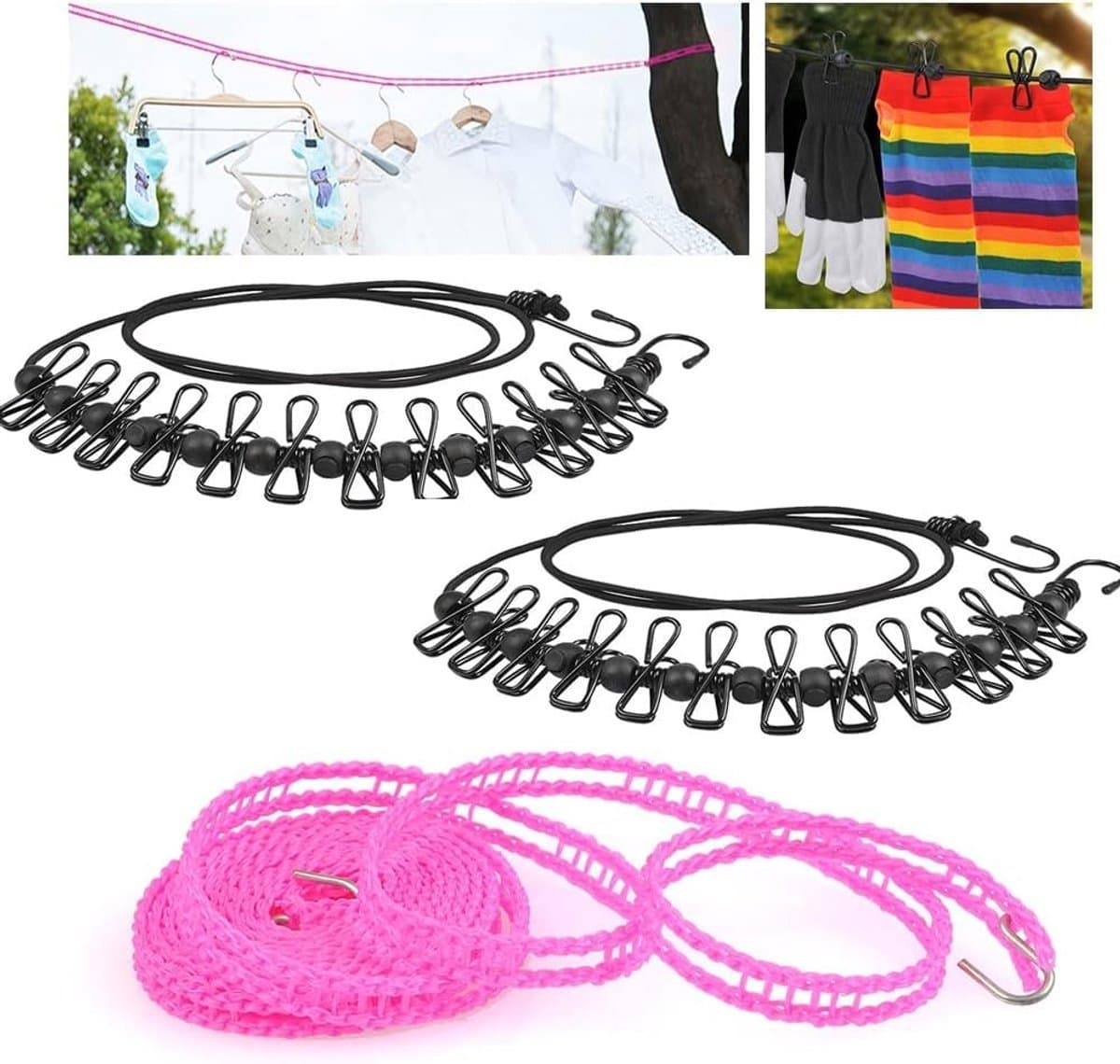 Waslijn uittrekbaar - Zwart - 180-360 cm - Elastisch met Klemmen en Haken - Voor Camping en Reizen — afbeelding 1