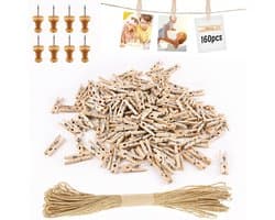 168 Stuks Mini Houten Klemmen, Kleine Mini-Wasknijpers, Bruiloft, Kleine Houten Knijpers Voor Polaroid Foto'S, Met 10 M Jute Touw, Doe-Het-Zelf Voor Fotowand, Display, Feest (Natuurlijk)