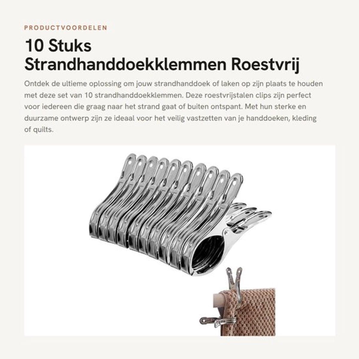 Strandhanddoekklemmen 10 Stuks - Roestvrij Staal - Handdoek Clips - Duurzaam - Sterke Klemkracht - Compact Formaat - Handdoekclips — afbeelding 1