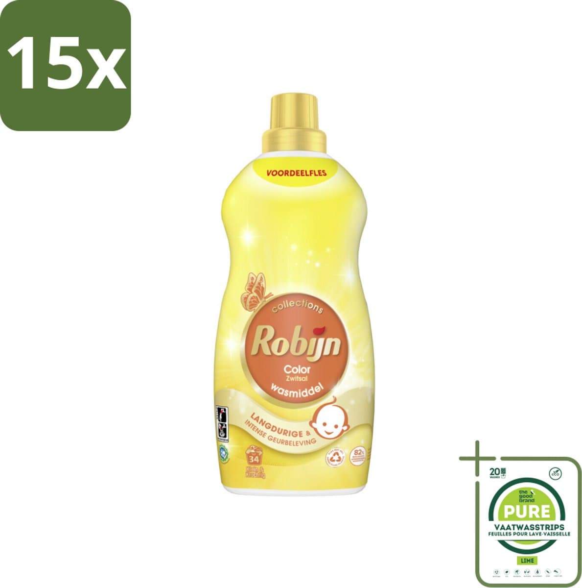 15 x Robijn - Klein & Krachtig Zwitsalgeur - Vloeibaar Wasmiddel - 34 Wasbeurten - 1,19 L - Grootverpakking - Wasmiddel - Robijn - Zwitsal - Vloeibaar Wasmiddel - Kleurwas — afbeelding 1