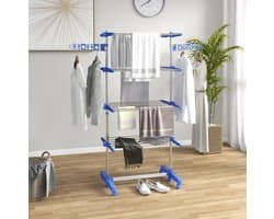 Droogtoren Met Wielen – Inklapbaar En Hoogte Instelbaar – 142 X 55 X 172 Cm – Roestvrij Staal – Blauw – Vrijstaand Drogen En Ophangen