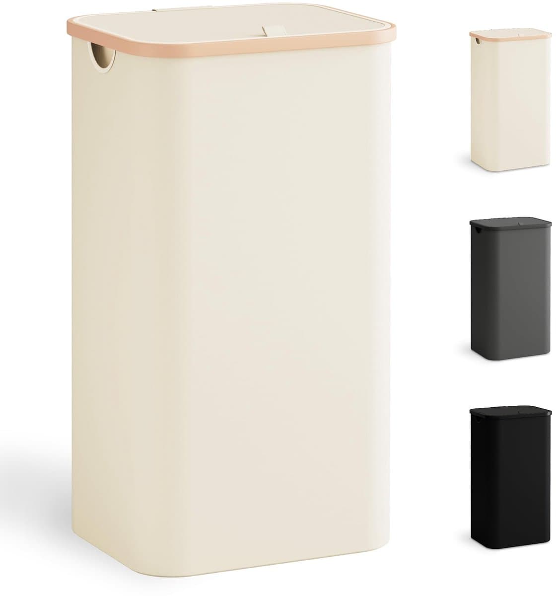 Dailygoods - YOUDENOVA Wasmand met deksel, 100 liter, wasverzamelaar, smal met waszak, opvouwbare wassorteerder met kunststof handvat, hoge wasmand, beige — afbeelding 1