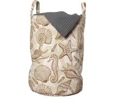 ABAKUHAUS Sea Shells waszak, vintage oceaanontwerp, wasmand met handvaten, trekkoordje voor wasserettes, beige bruin