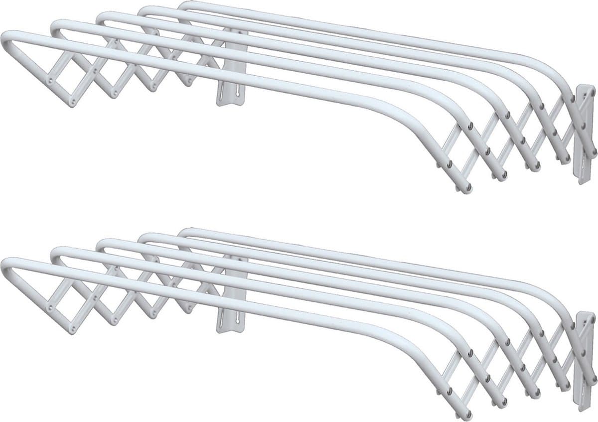 MSV Uitschuifbaar wasgoedrekje/droogrek - 2x - 4 meter waslijn - Ophangbaar aan muur - wit - 80 cm - metaal — afbeelding 1
