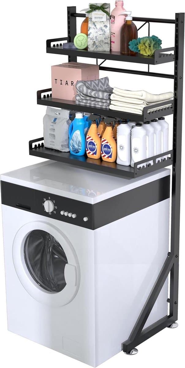 Drie-Tier Verstelbare Hoogte Wasruimte Plank Ruimtebesparende Organizer met Multifunctionele Opslag Wasmachine rek — afbeelding 1